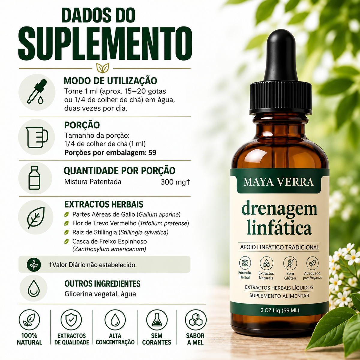 Gotas de plantas para drenagem linfática, que ajudam a reduzir o inchaço e a sensação de peso.