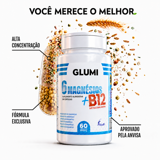 Suplemento de 6 magnésio com vitamina B12 para o bem-estar geral.